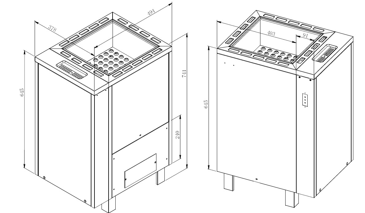 Desenho técnico do aquecedor de sauna Apollo