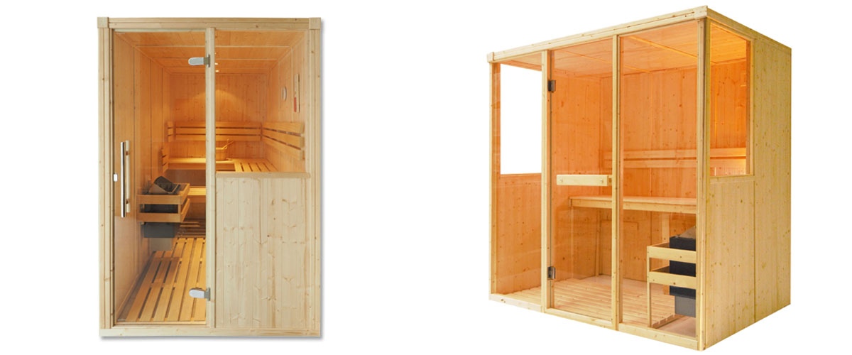 Exemplos de cabine de sauna Oceanic con paneis de vidro ou mistos de vidro e madeira
